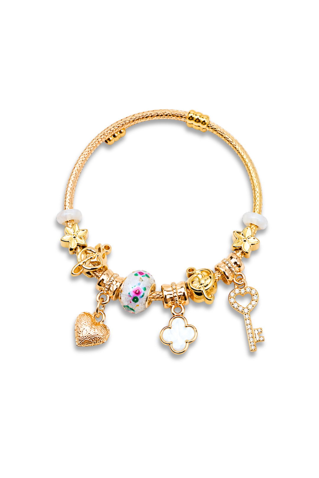 Gold Charm Bracelet With Heart & Key Charms