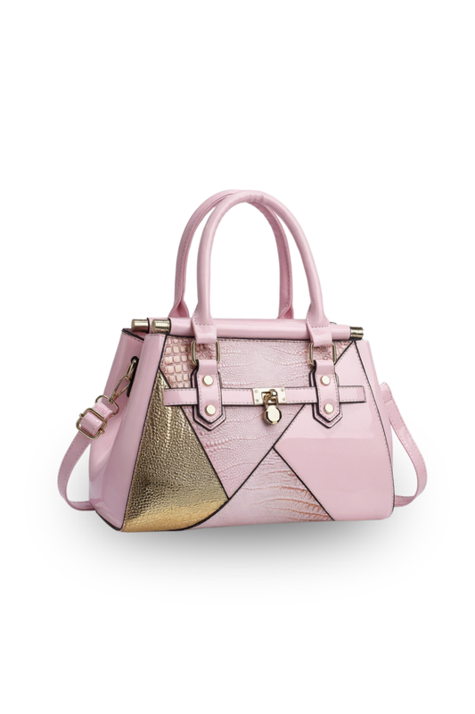 Elegant Patchwork Patent Tote Structured Handbag with Gold Accents
