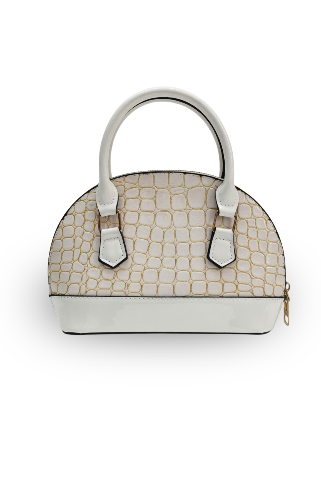 Croc-Texture Dome Handbag with Gloss Finish & Strap