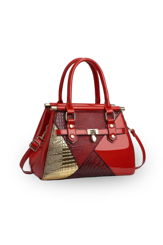Elegant Patchwork Patent Tote Structured Handbag with Gold Accents