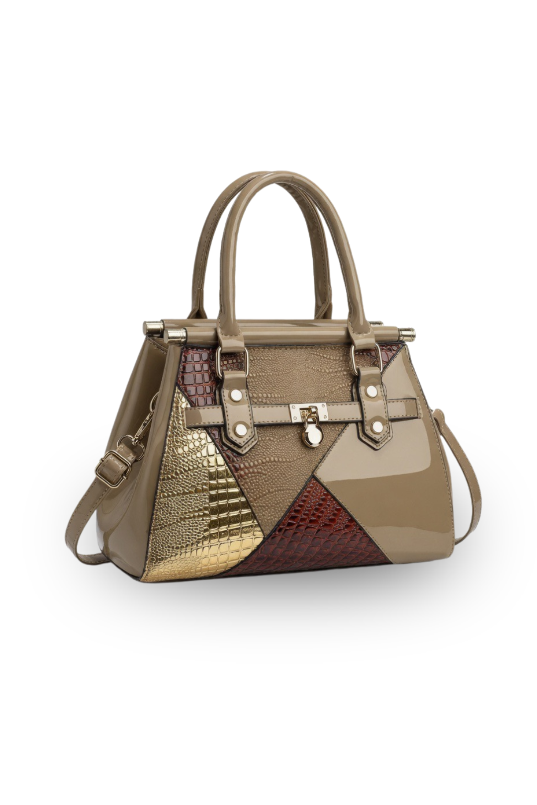 Elegant Patchwork Patent Tote Structured Handbag with Gold Accents