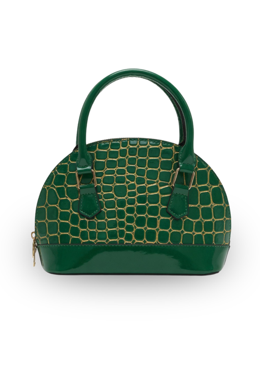 Croc-Texture Dome Handbag with Gloss Finish & Strap