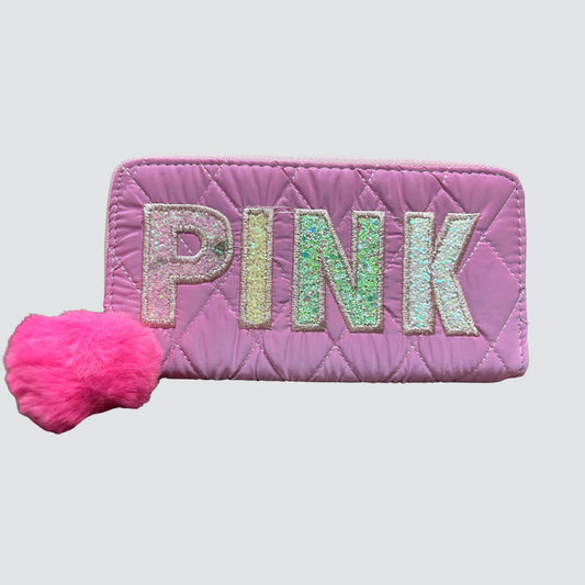 Pink Textured Wallet with Furball Keychain