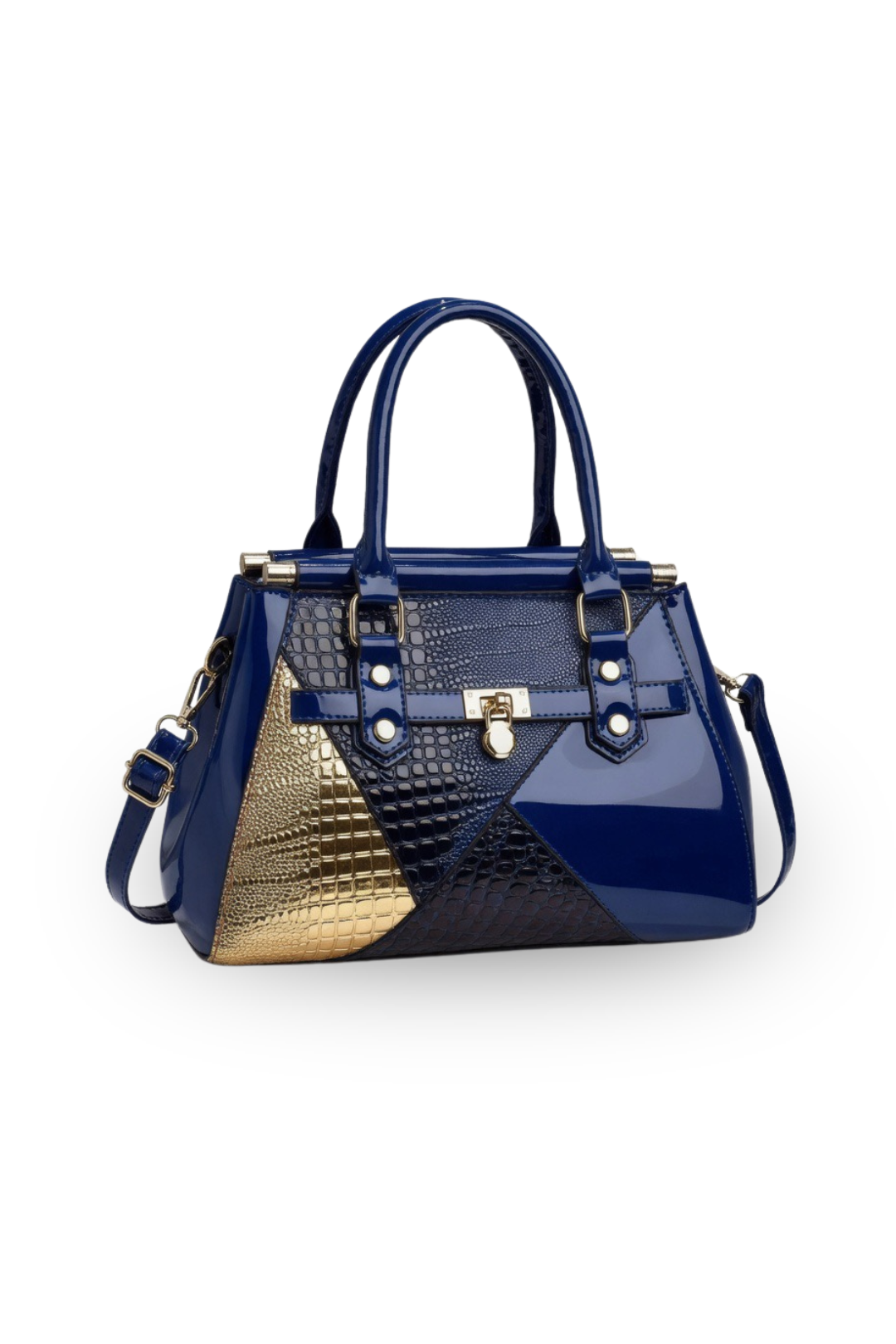 Elegant Patchwork Patent Tote Structured Handbag with Gold Accents