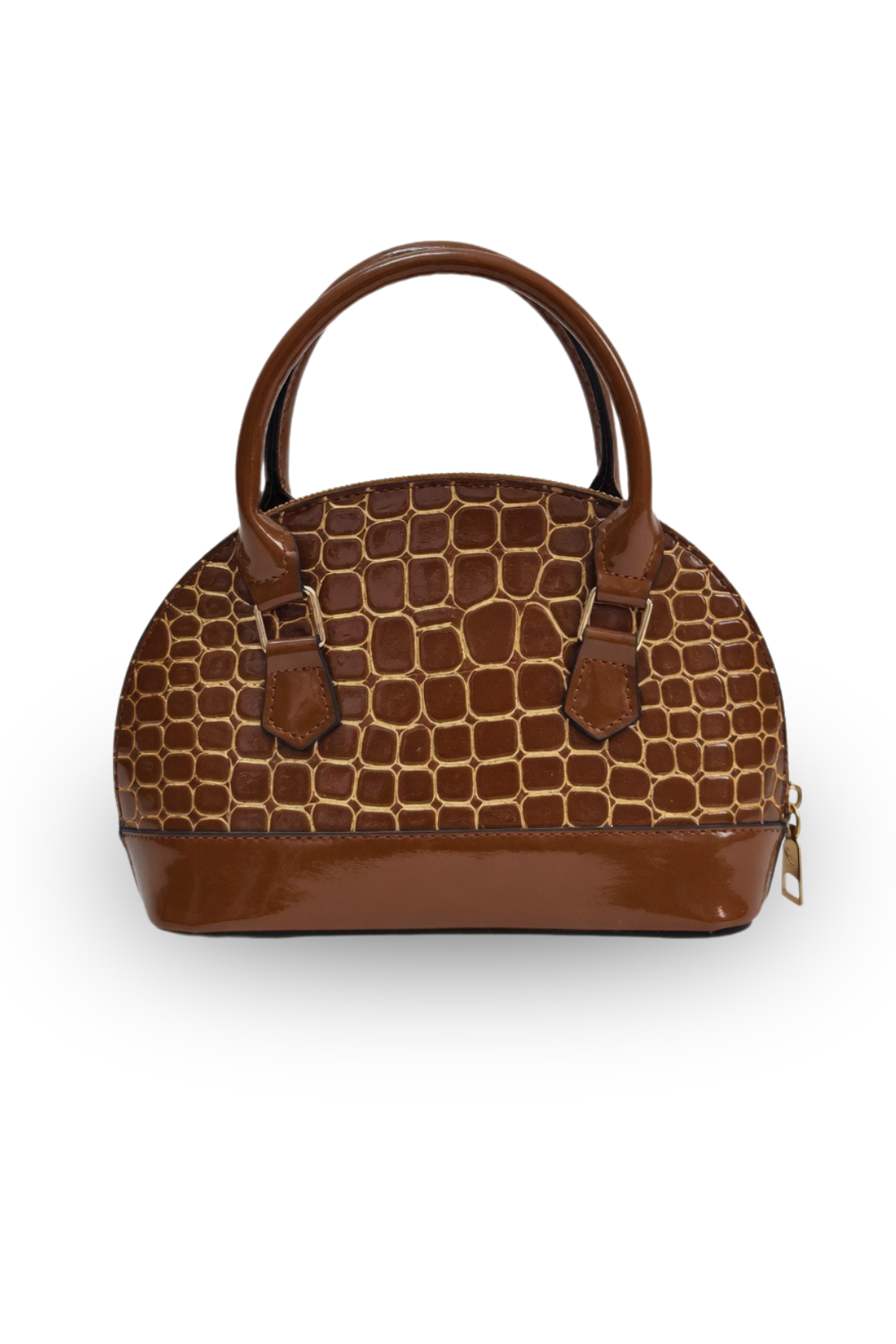 Croc-Texture Dome Handbag with Gloss Finish & Strap