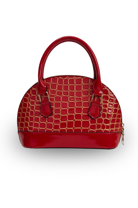 Croc-Texture Dome Handbag with Gloss Finish & Strap