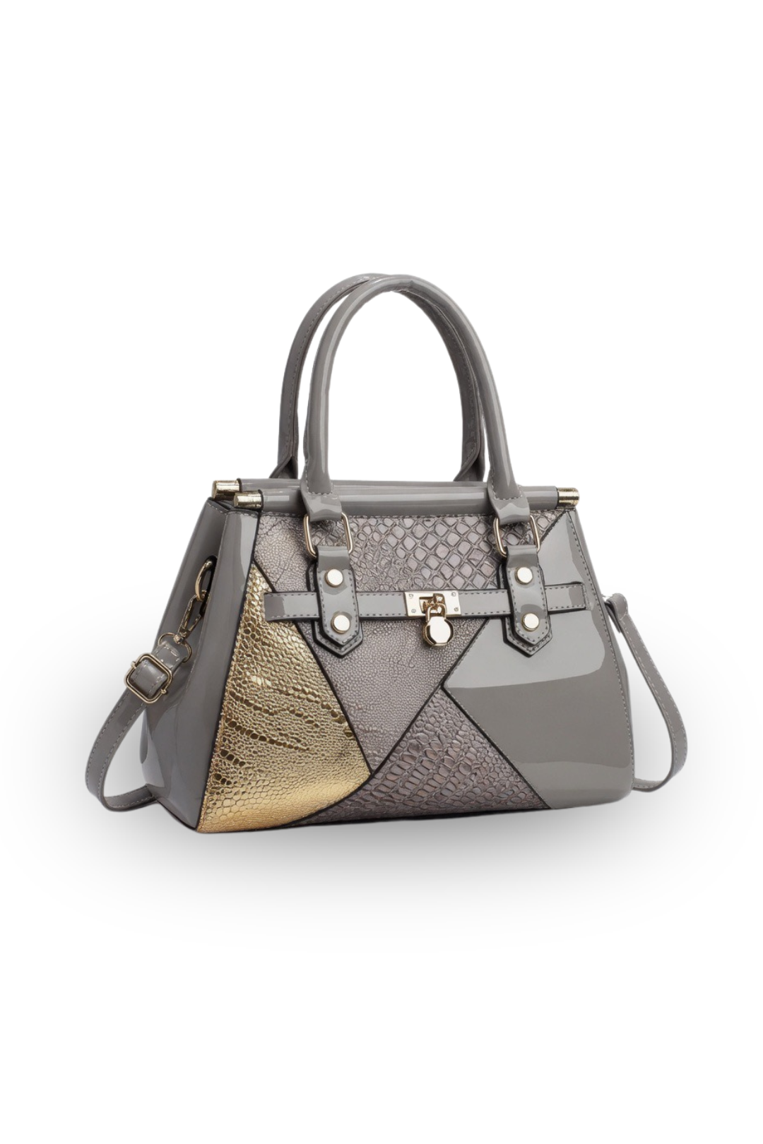 Elegant Patchwork Patent Tote Structured Handbag With Gold Accents elegant-patchwork-patent-tote-structured-handbag-with-gold-accents
