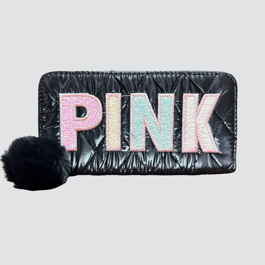 Black Textured Wallet with Furball Keychain