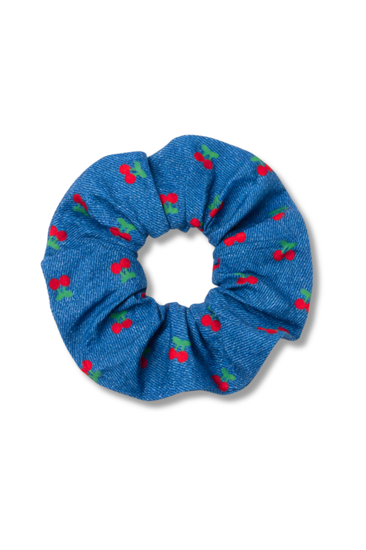Denim Cherry Print Hair Scrunchie