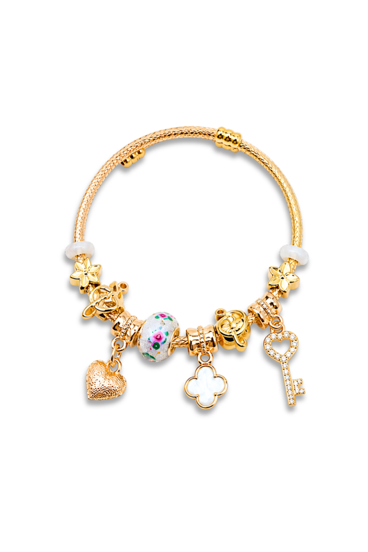 Gold Charm Bracelet With Heart & Key Charms