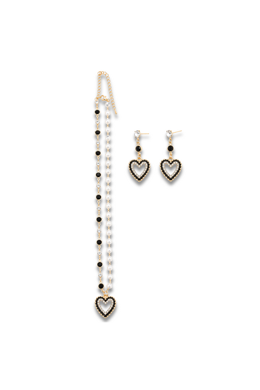 Heart And Pearl Necklace And Earrings Set