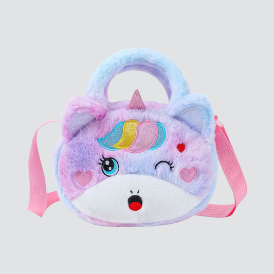 Purple Multicoloured Unicorn Cat Ears Plush Handbag / Crossbody