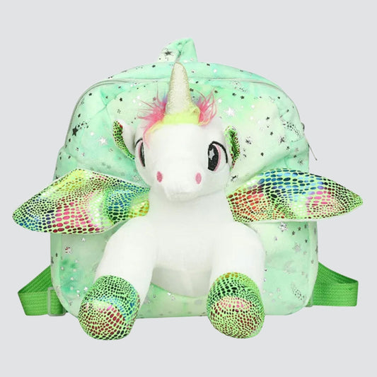 Green Plush Unicorn Backpack with Silver Star Details.