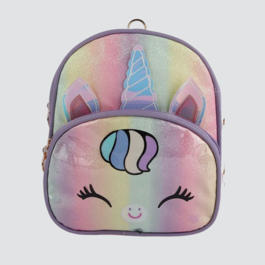 purple Unicorn Mini Backpack with printed unicorn face 