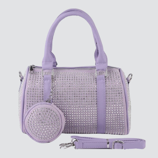 Lilac Handbag and Pouch with Silver Rhinestones
