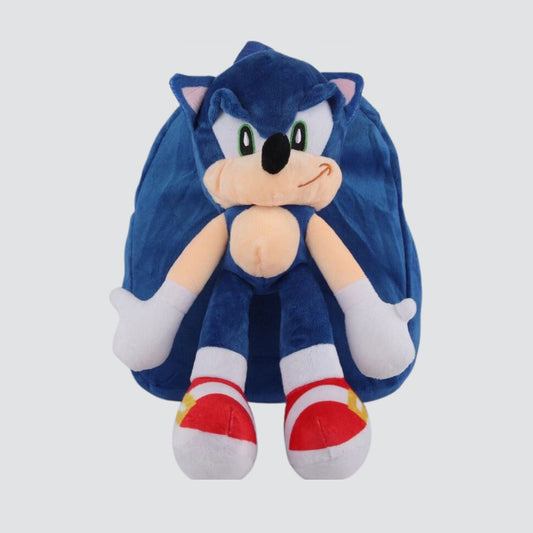 Blue Sonic Plush Backpack with Sonic Plush Toy Attached.